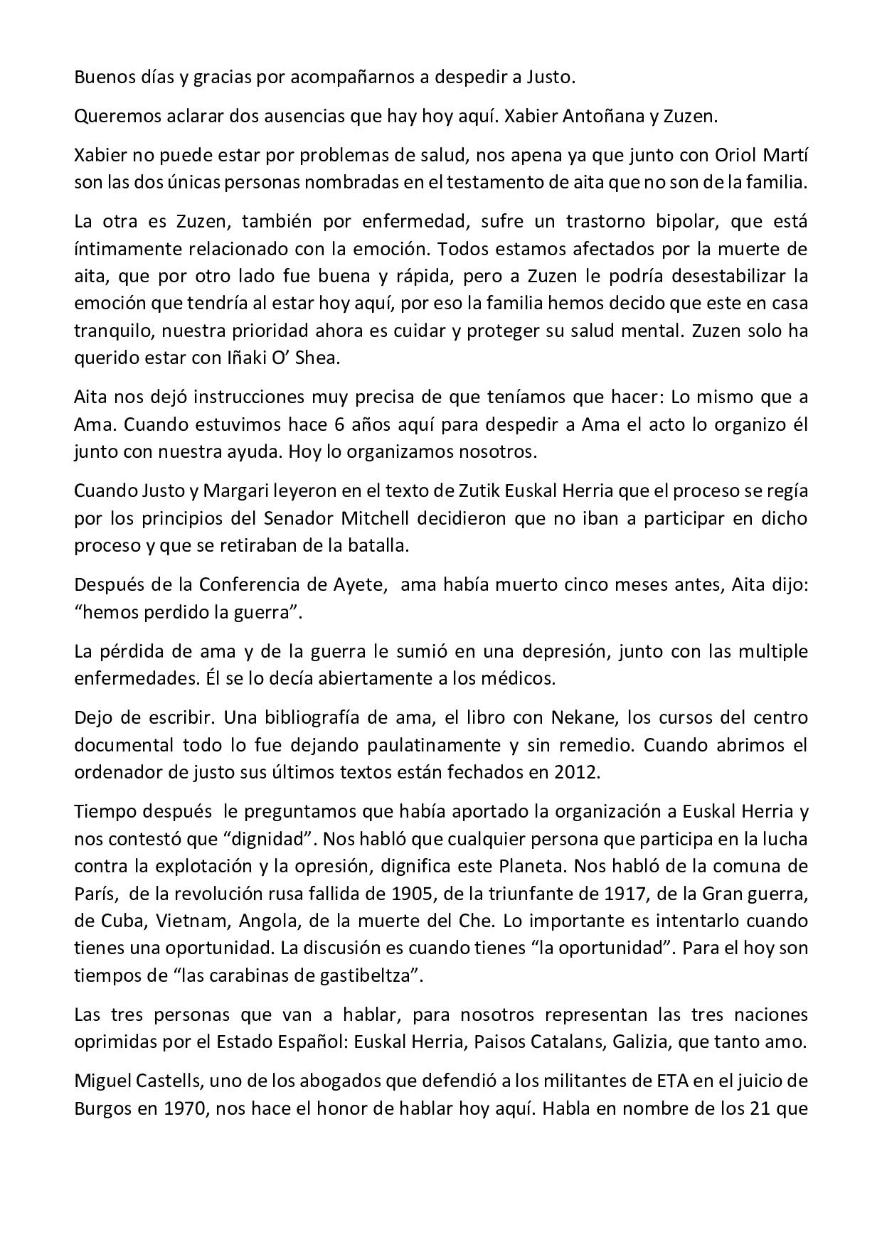 Texto de la familia en la despedida
